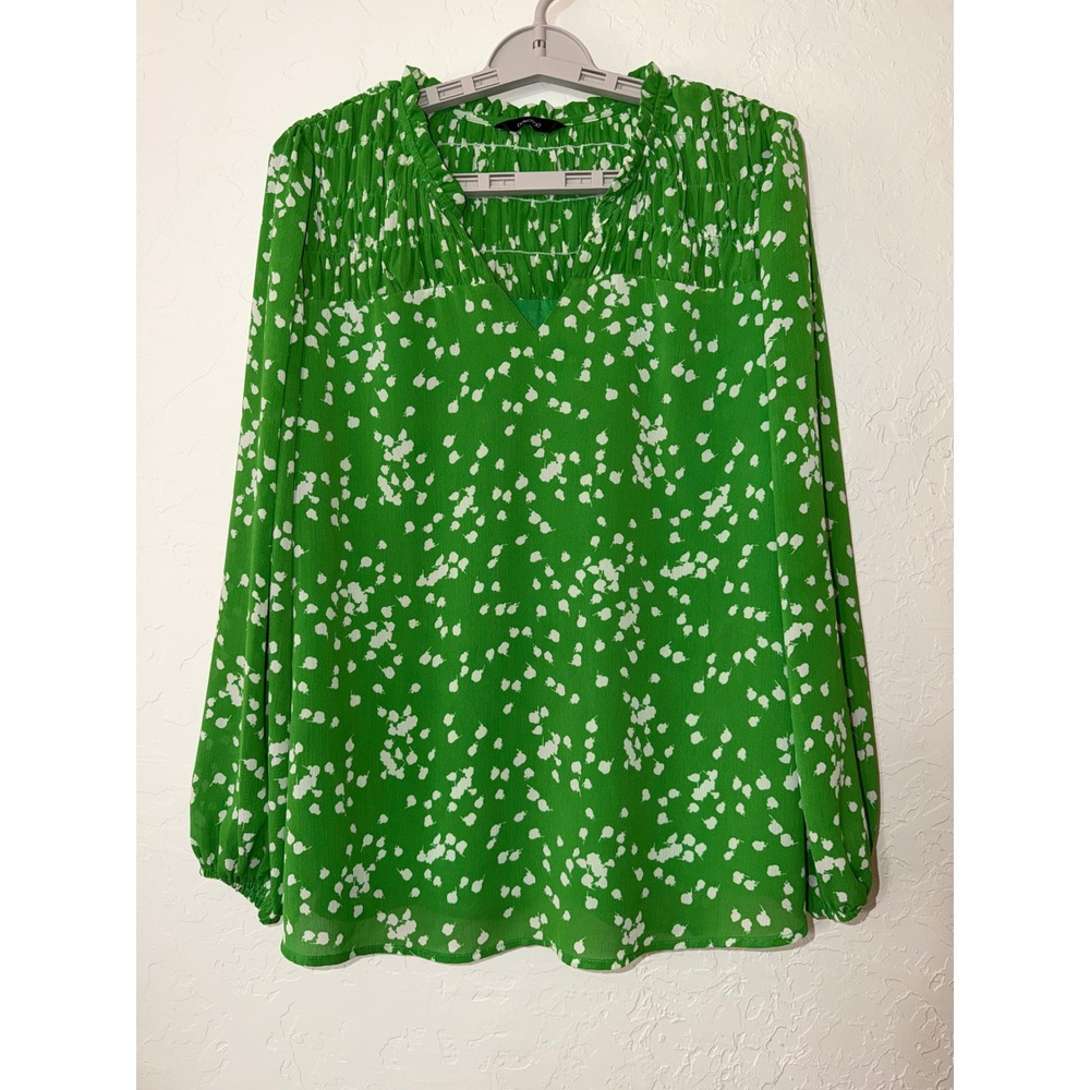 Dokotoo Green White Blouse Abstract Floral Smocked Yoke Split V-Neck Large